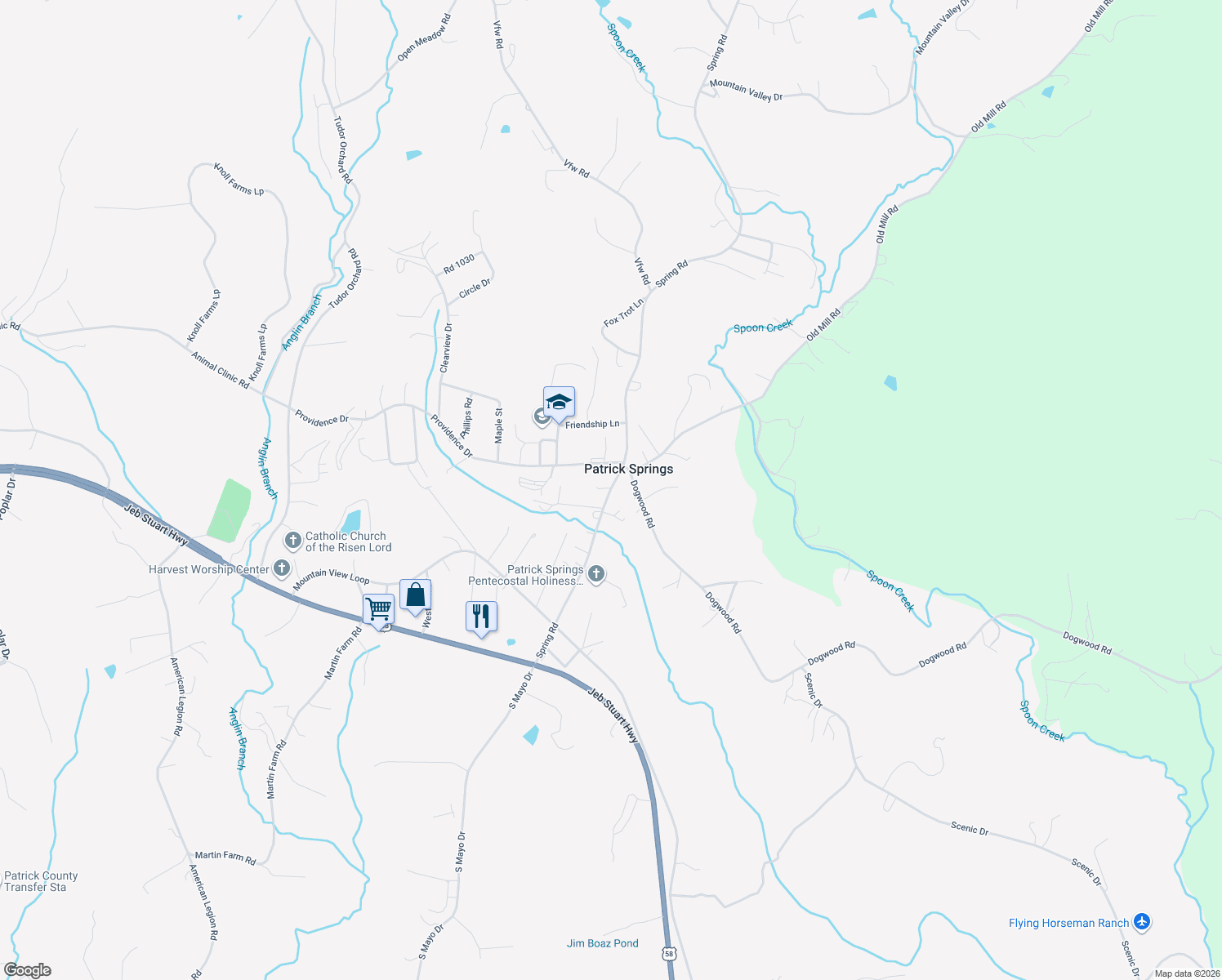 map of restaurants, bars, coffee shops, grocery stores, and more near 432 Spring Road in Patrick Springs