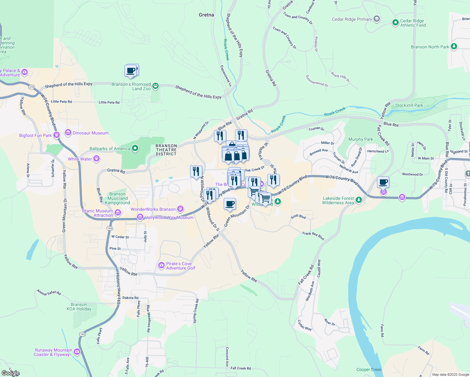 map of restaurants, bars, coffee shops, grocery stores, and more near 2425 Highway 76 in Branson