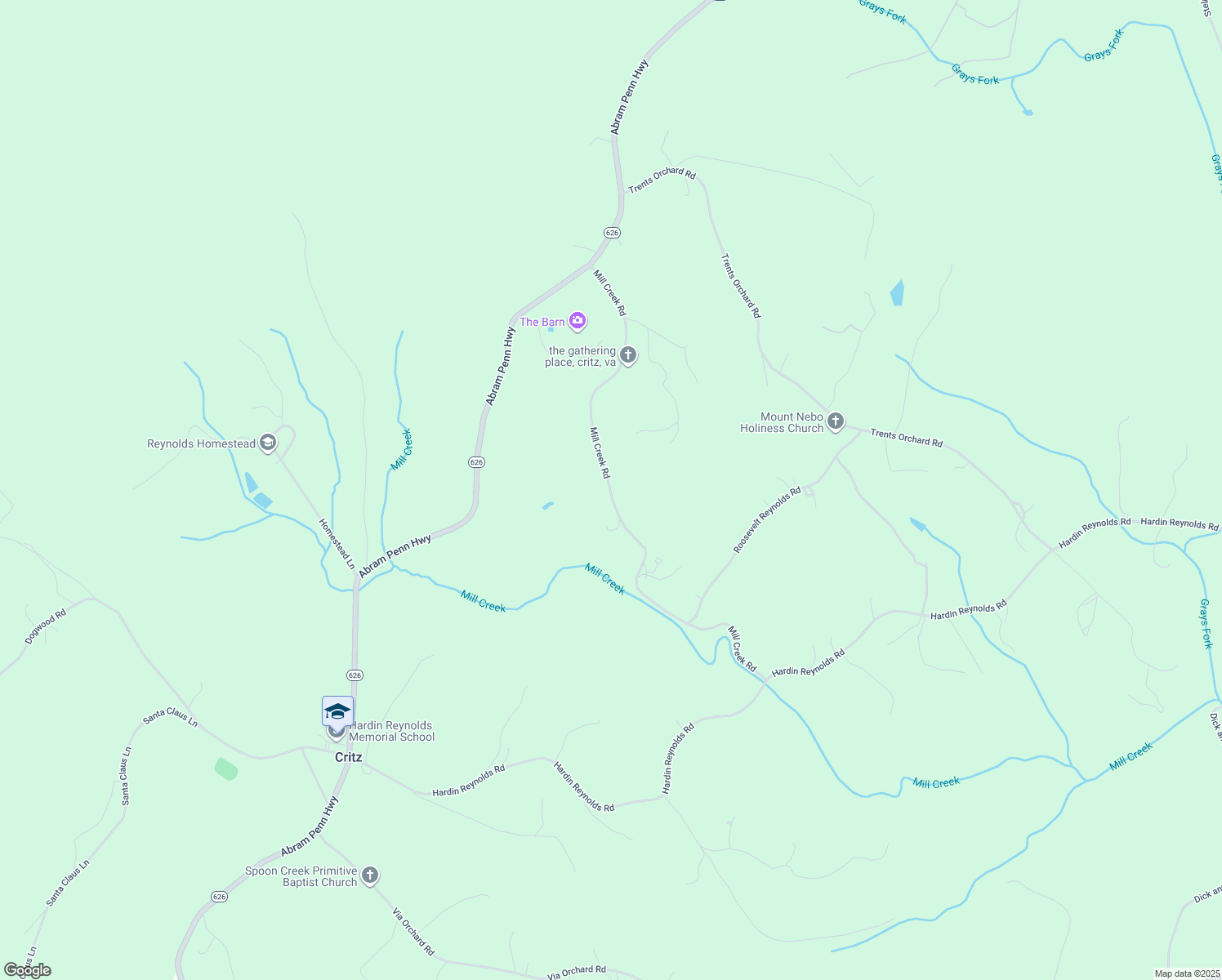 map of restaurants, bars, coffee shops, grocery stores, and more near Mill Creek Road in Critz