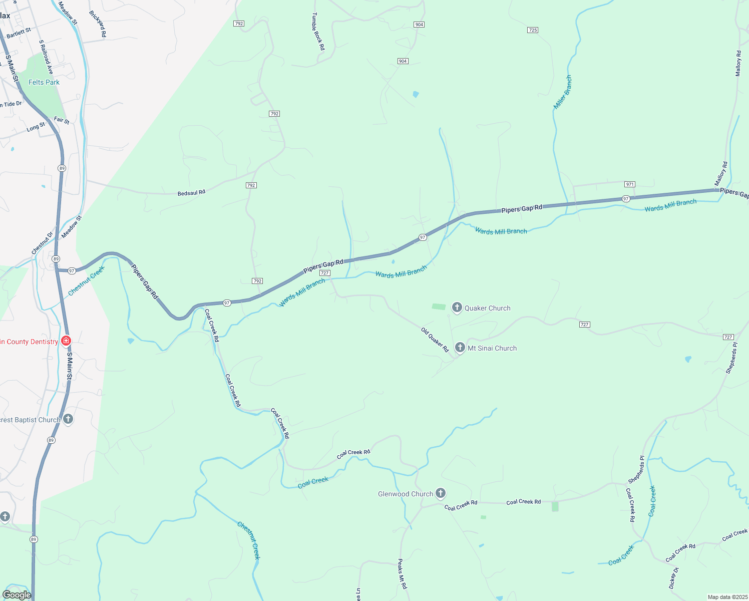map of restaurants, bars, coffee shops, grocery stores, and more near Old Quaker Road in Galax