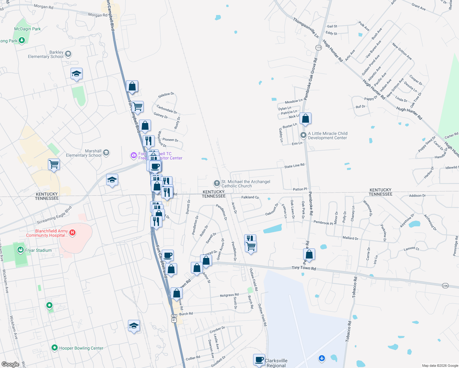 map of restaurants, bars, coffee shops, grocery stores, and more near 626 State Line Road in Oak Grove