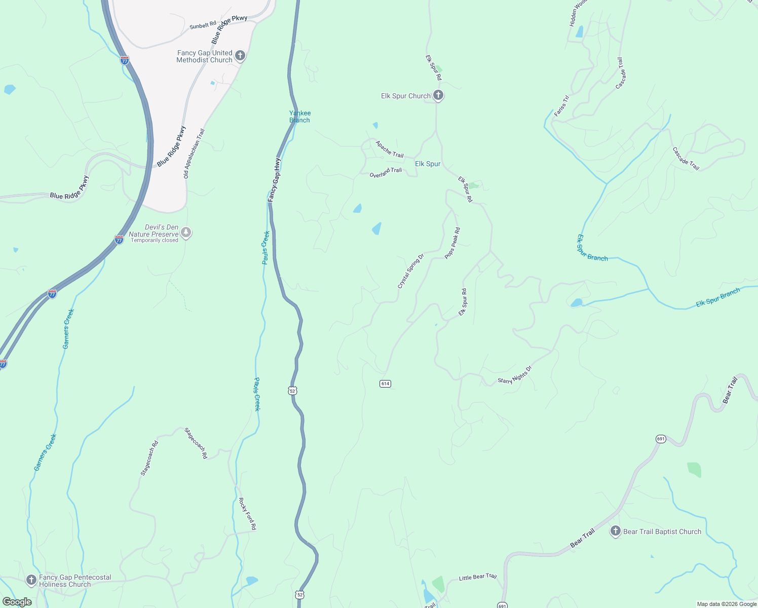 map of restaurants, bars, coffee shops, grocery stores, and more near Pops Peak Road in Fancy Gap