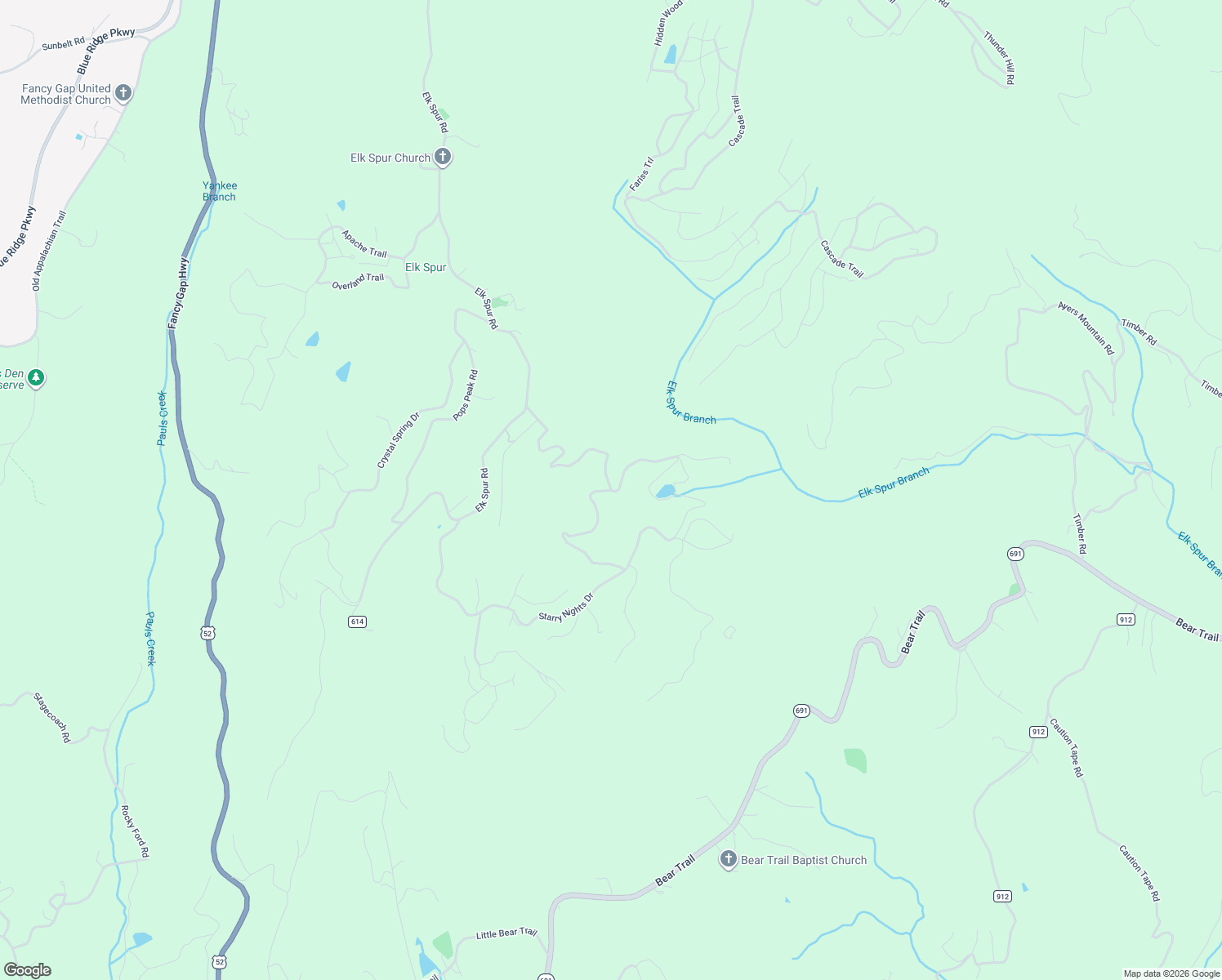 map of restaurants, bars, coffee shops, grocery stores, and more near 200 Covered Bridge Trail in Fancy Gap