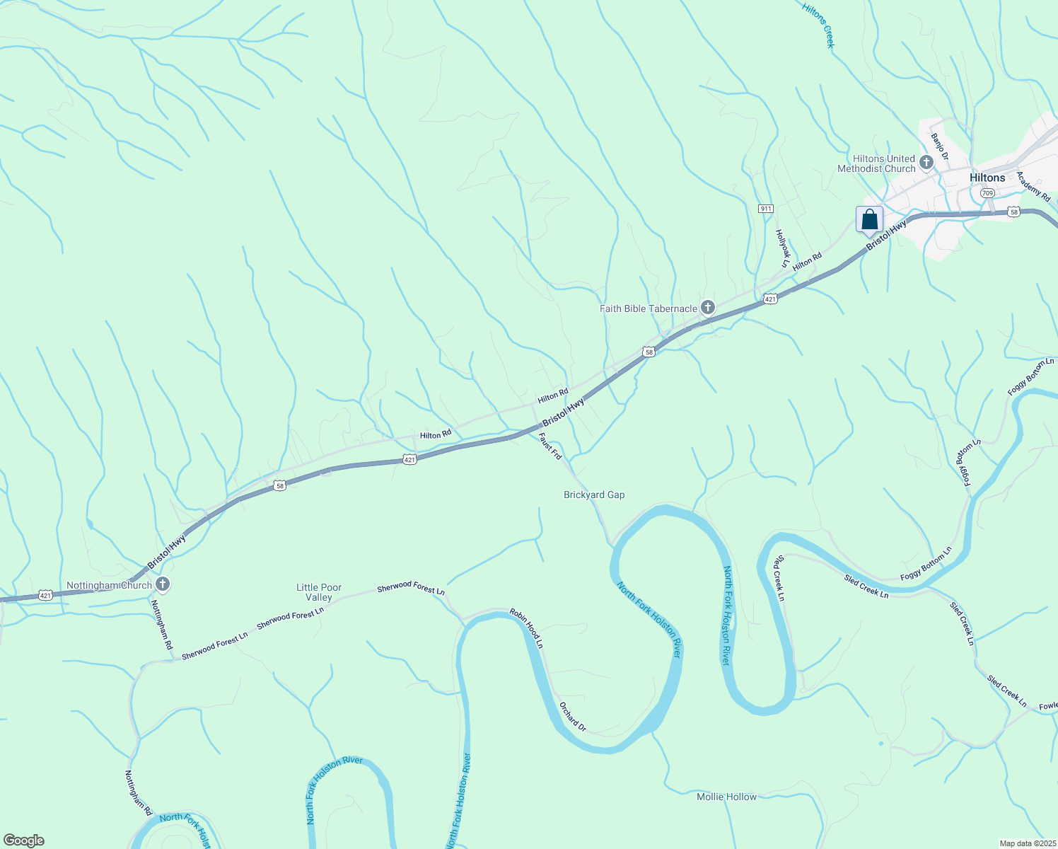map of restaurants, bars, coffee shops, grocery stores, and more near U.S. 421 in Gate City