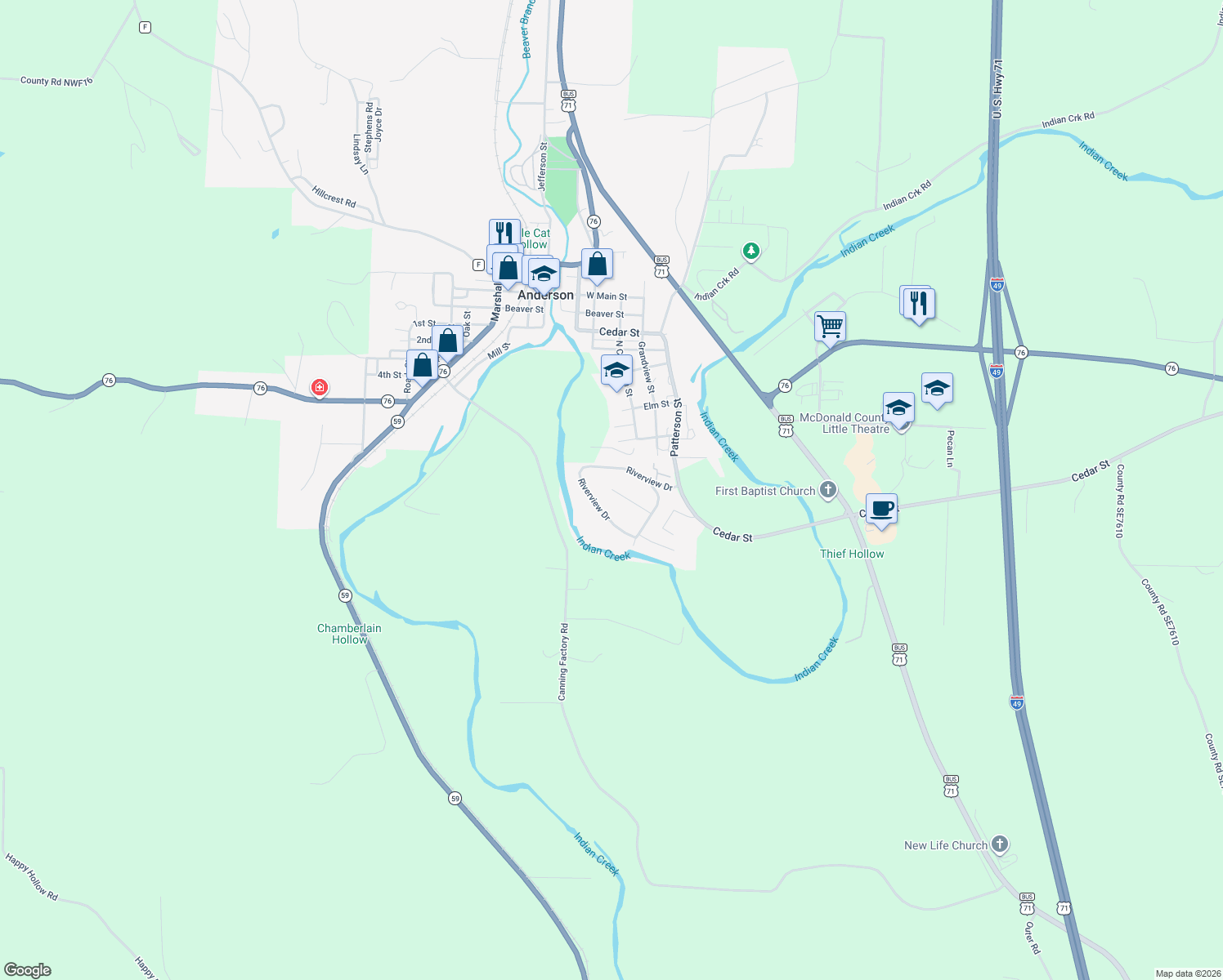 map of restaurants, bars, coffee shops, grocery stores, and more near 107 Kyle Drive in Anderson