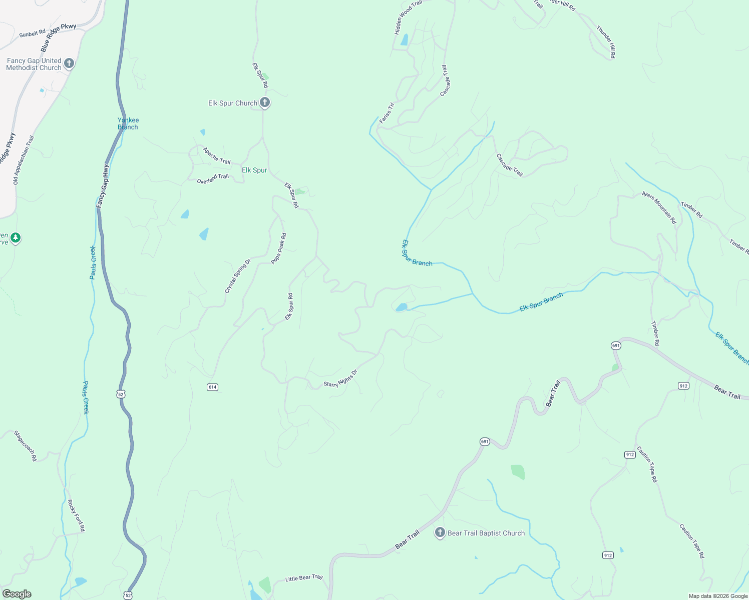 map of restaurants, bars, coffee shops, grocery stores, and more near 200-898 Covered Bridge Trail in Fancy Gap