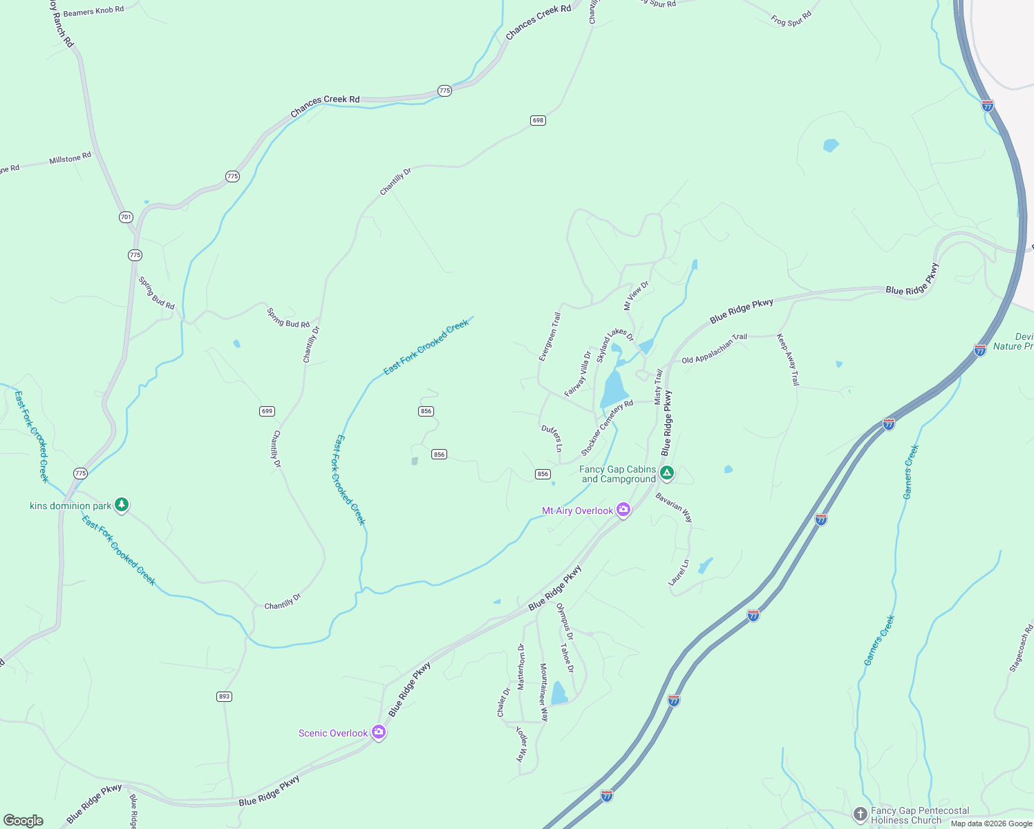 map of restaurants, bars, coffee shops, grocery stores, and more near 24 Boulder Way in Fancy Gap