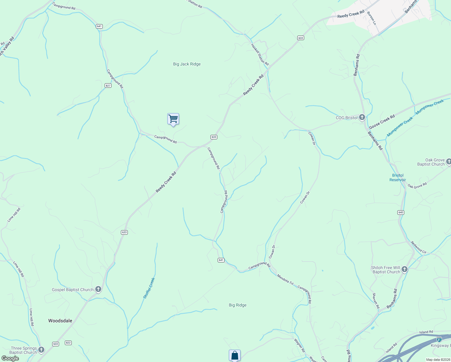 map of restaurants, bars, coffee shops, grocery stores, and more near 21035 Campground Road in Bristol