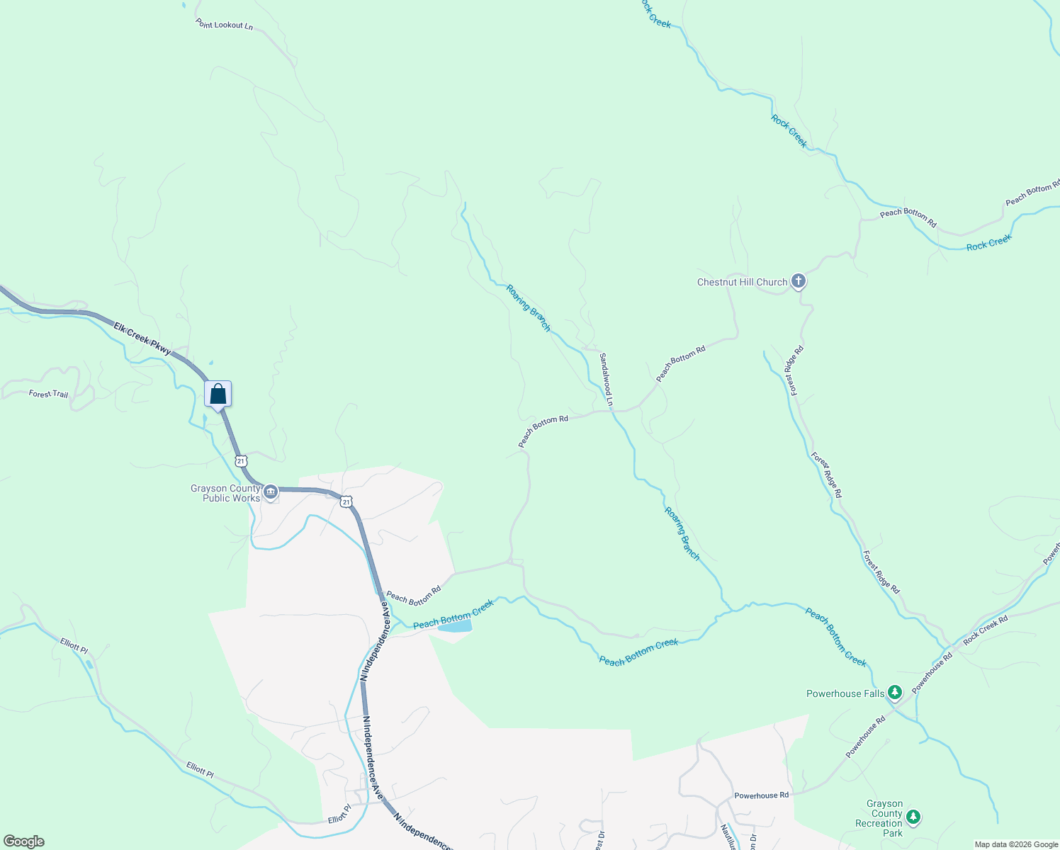 map of restaurants, bars, coffee shops, grocery stores, and more near 1019 Peach Bottom Road in Independence