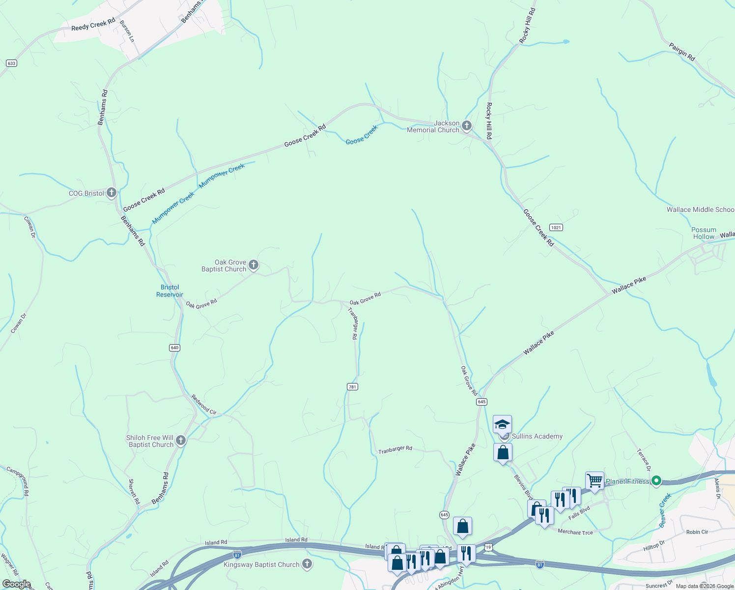 map of restaurants, bars, coffee shops, grocery stores, and more near 21097 Anaconda Lane in Bristol