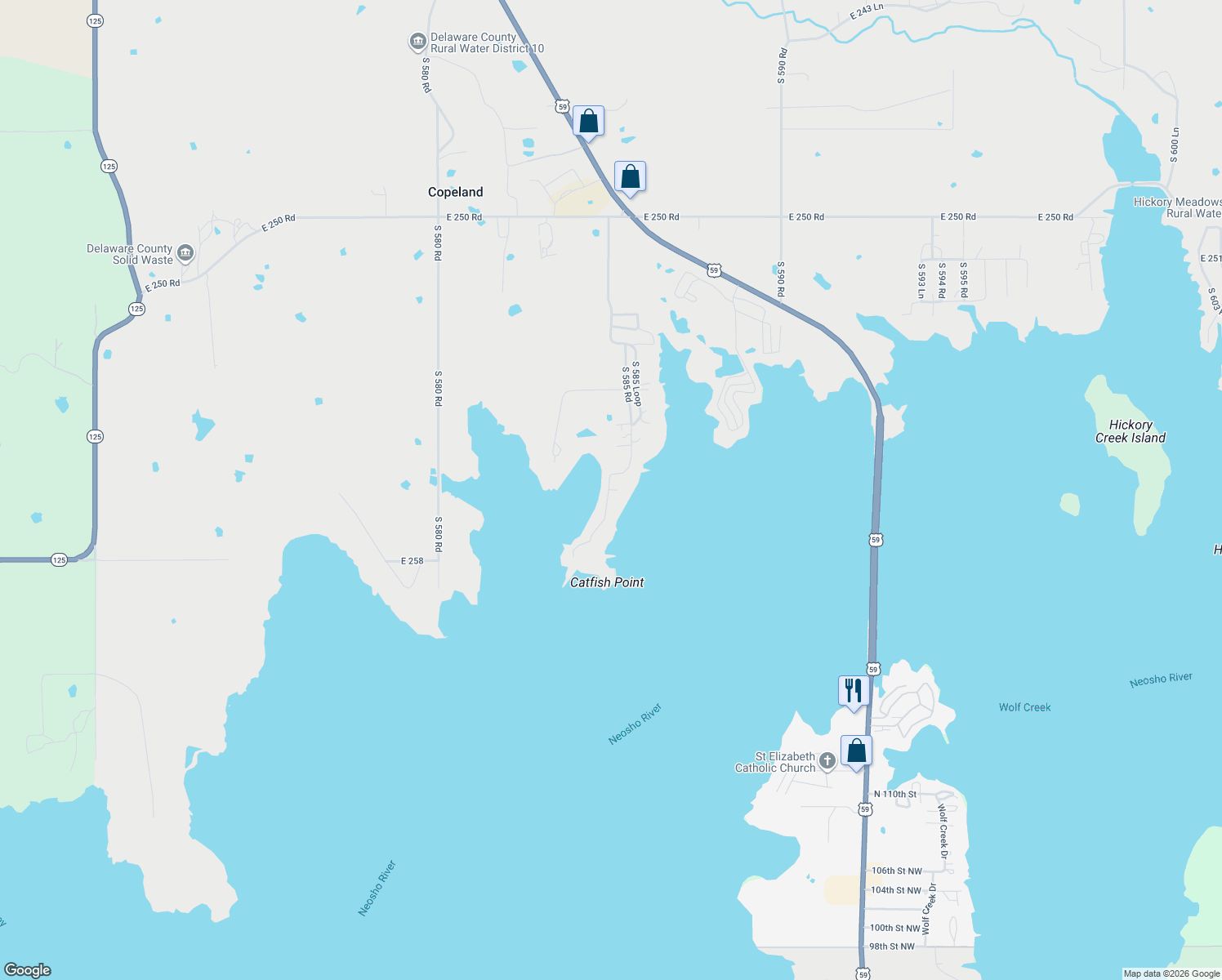 map of restaurants, bars, coffee shops, grocery stores, and more near 58506 East 256 in Afton