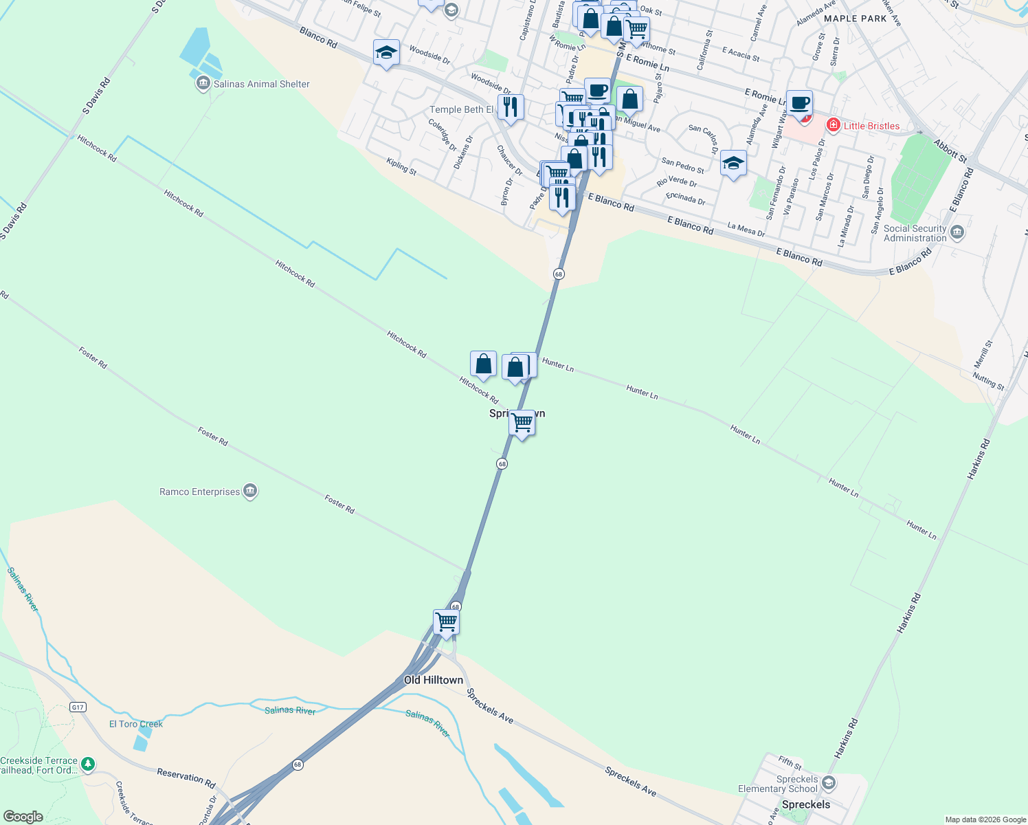 map of restaurants, bars, coffee shops, grocery stores, and more near 2 Hitchcock Road in Salinas