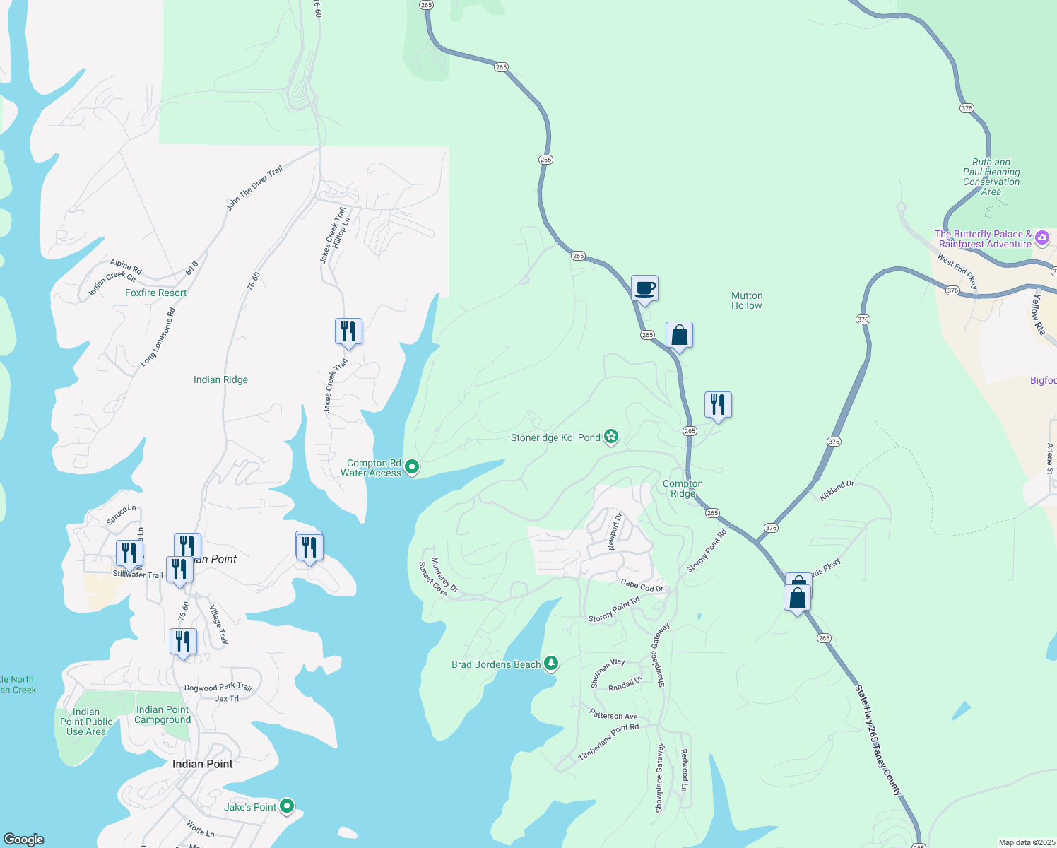 map of restaurants, bars, coffee shops, grocery stores, and more near 412 Lakewood Road in Branson