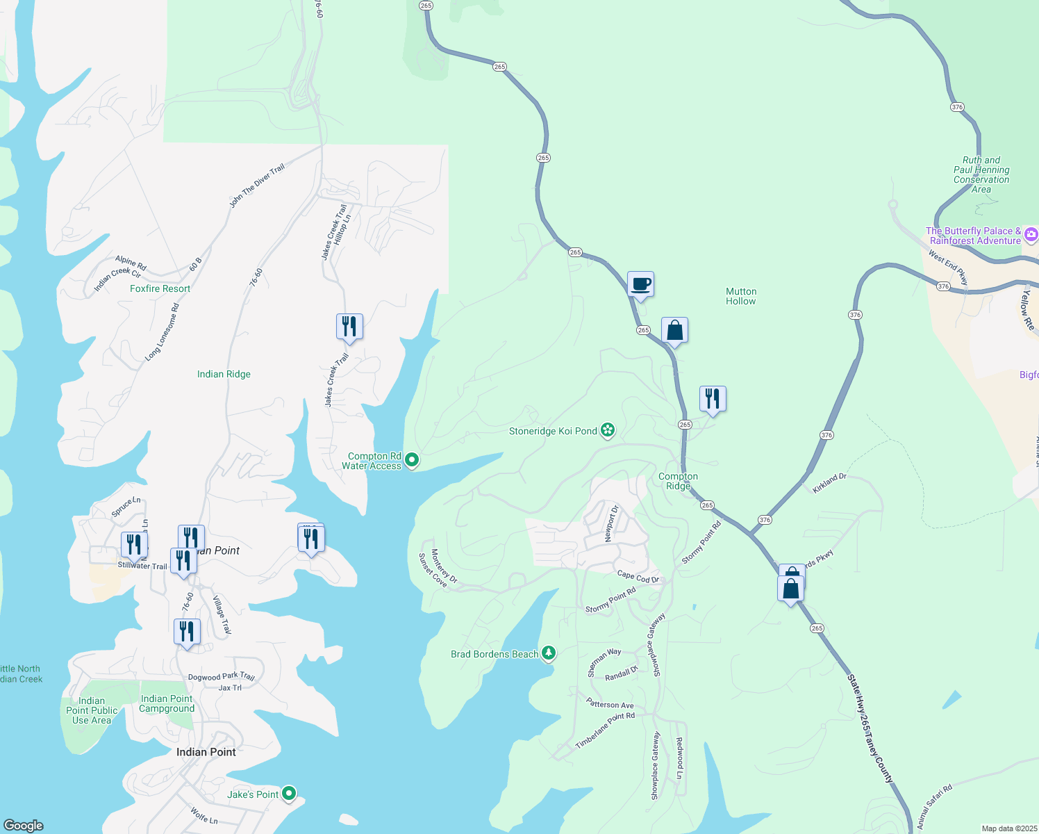 map of restaurants, bars, coffee shops, grocery stores, and more near 607 Lakewood Drive in Branson