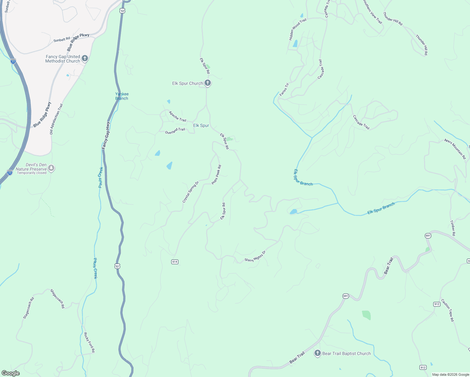 map of restaurants, bars, coffee shops, grocery stores, and more near 1600-2498 Elk Spur Road in Fancy Gap
