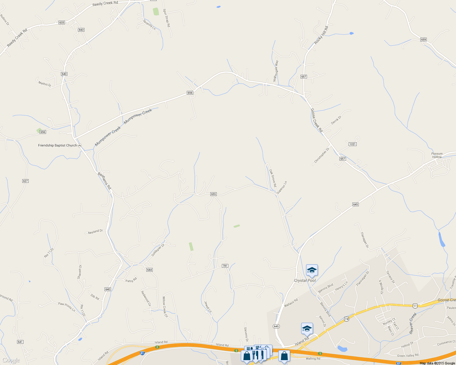 map of restaurants, bars, coffee shops, grocery stores, and more near 21097 Anaconda Lane in Bristol