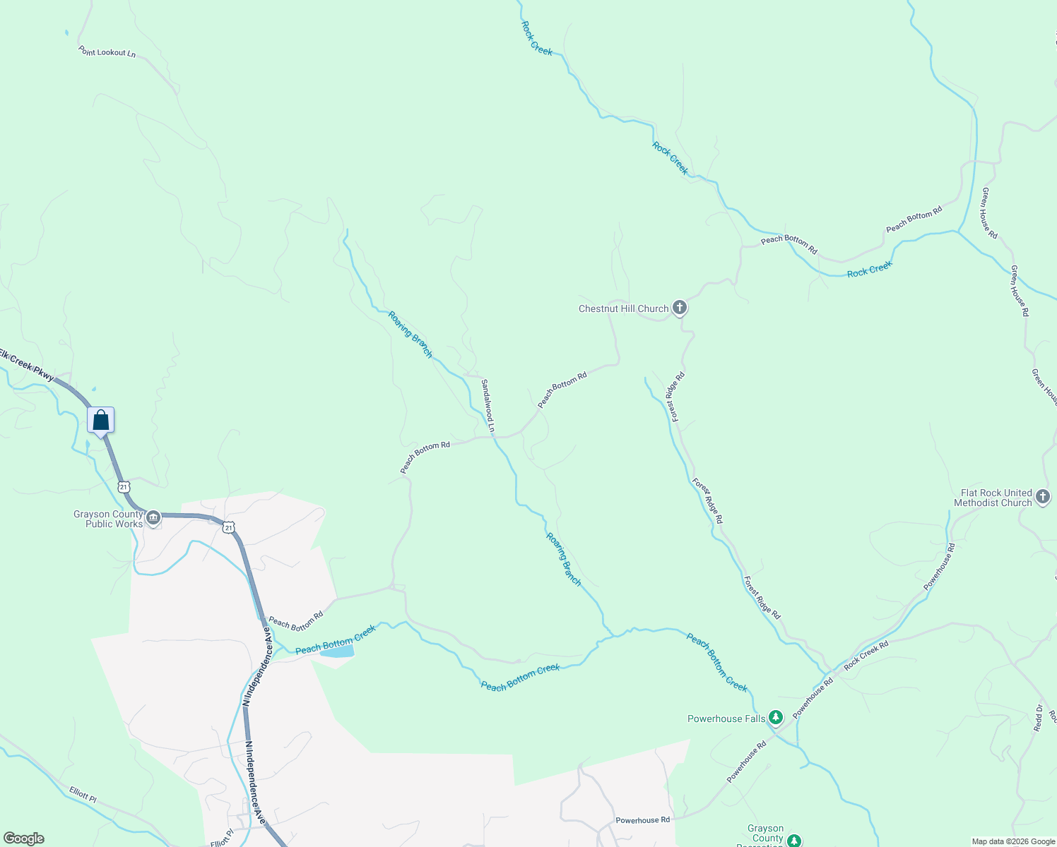 map of restaurants, bars, coffee shops, grocery stores, and more near 1563 Peach Bottom Road in Independence
