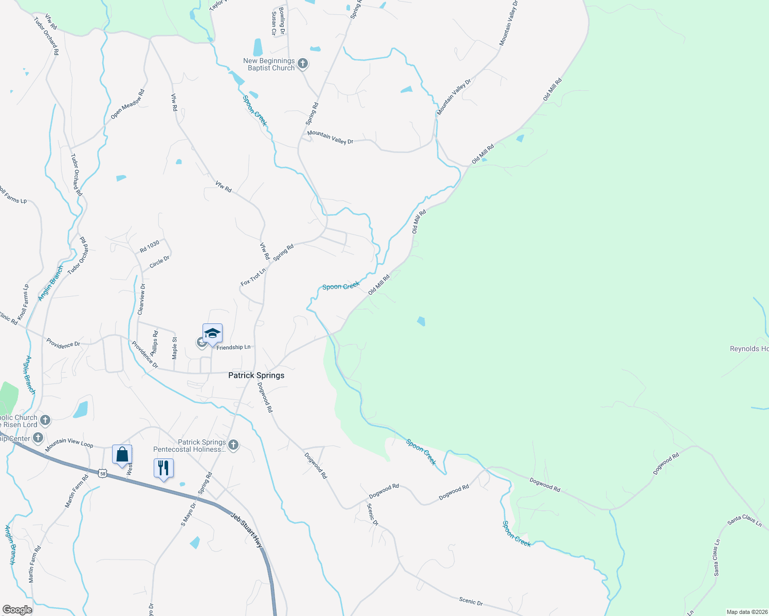 map of restaurants, bars, coffee shops, grocery stores, and more near Old Mill Road in Patrick Springs