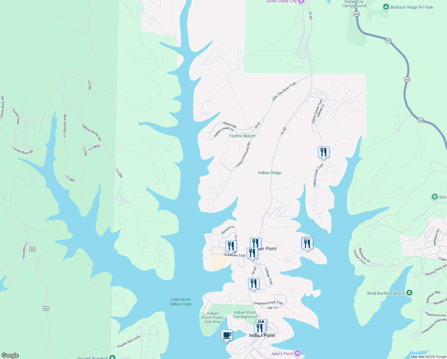 map of restaurants, bars, coffee shops, grocery stores, and more near 681 Long Lonesome Road in Branson