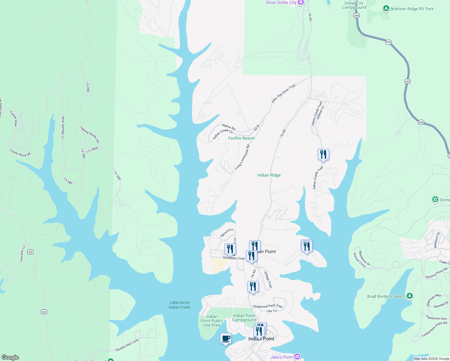 map of restaurants, bars, coffee shops, grocery stores, and more near 681 Long Lonesome Road in Branson