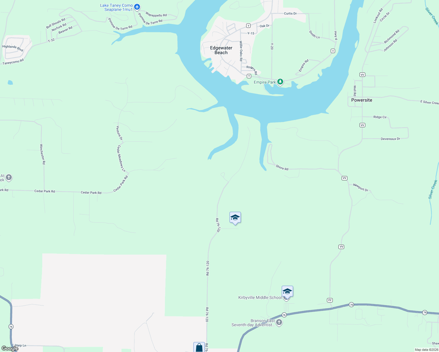 map of restaurants, bars, coffee shops, grocery stores, and more near 1615 Road 76-120 in Kirbyville