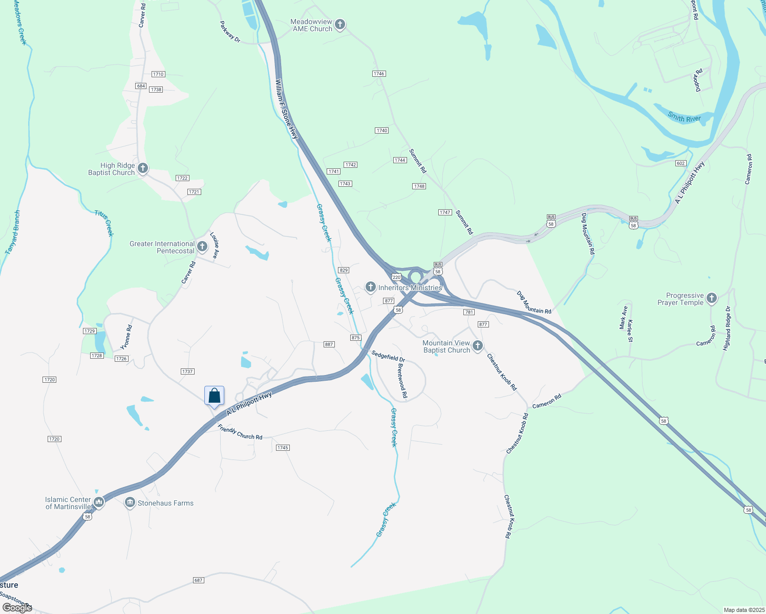 map of restaurants, bars, coffee shops, grocery stores, and more near 745 Piney Forest Drive in Martinsville