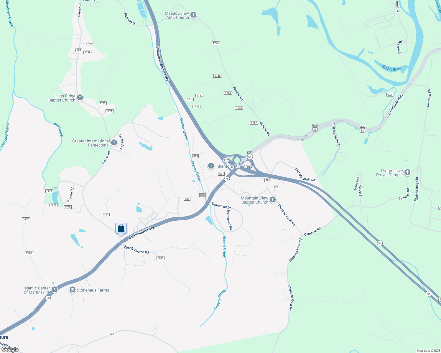 map of restaurants, bars, coffee shops, grocery stores, and more near 745 Piney Forest Drive in Martinsville
