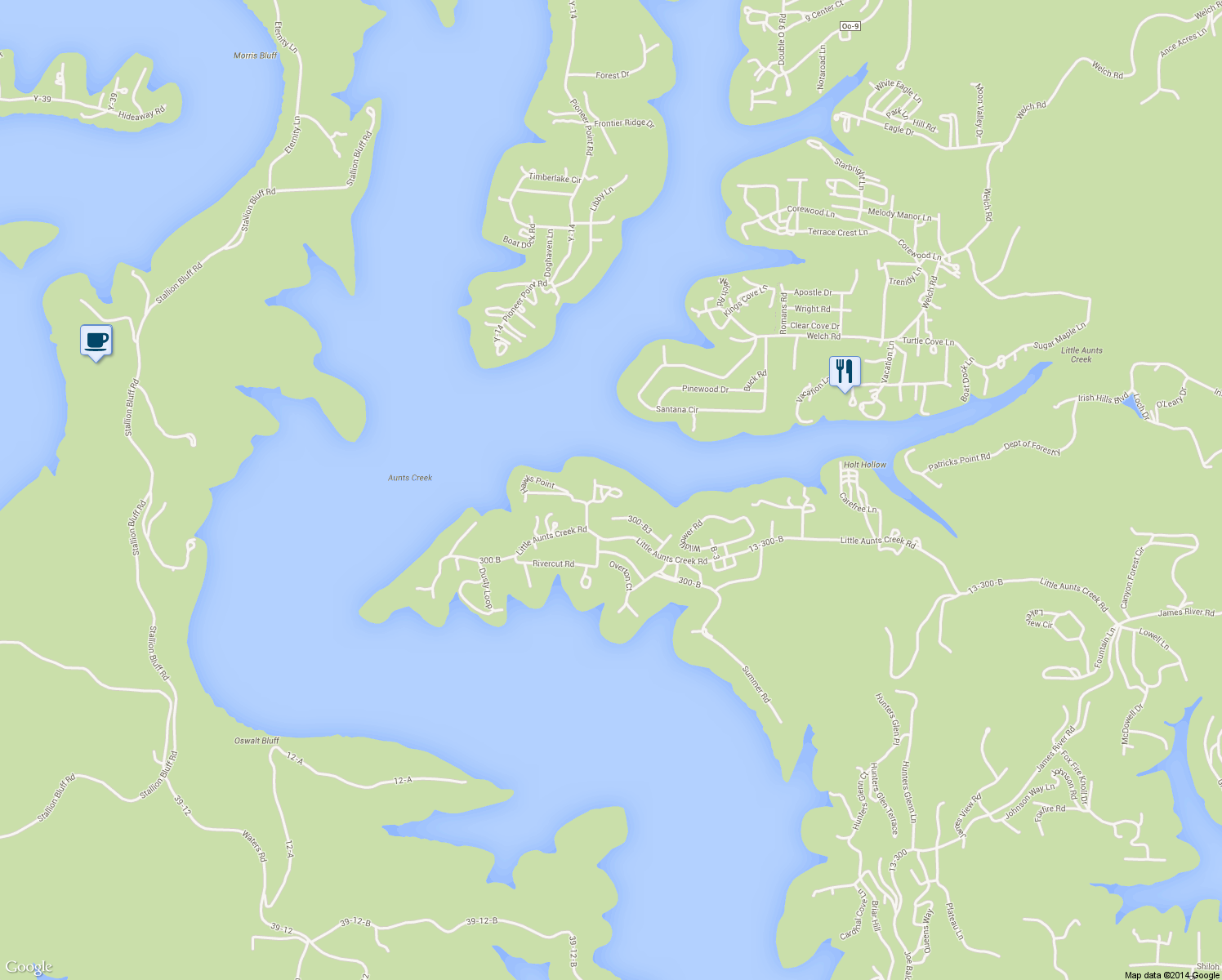 map of restaurants, bars, coffee shops, grocery stores, and more near 94 Owls Point in Kimberling City