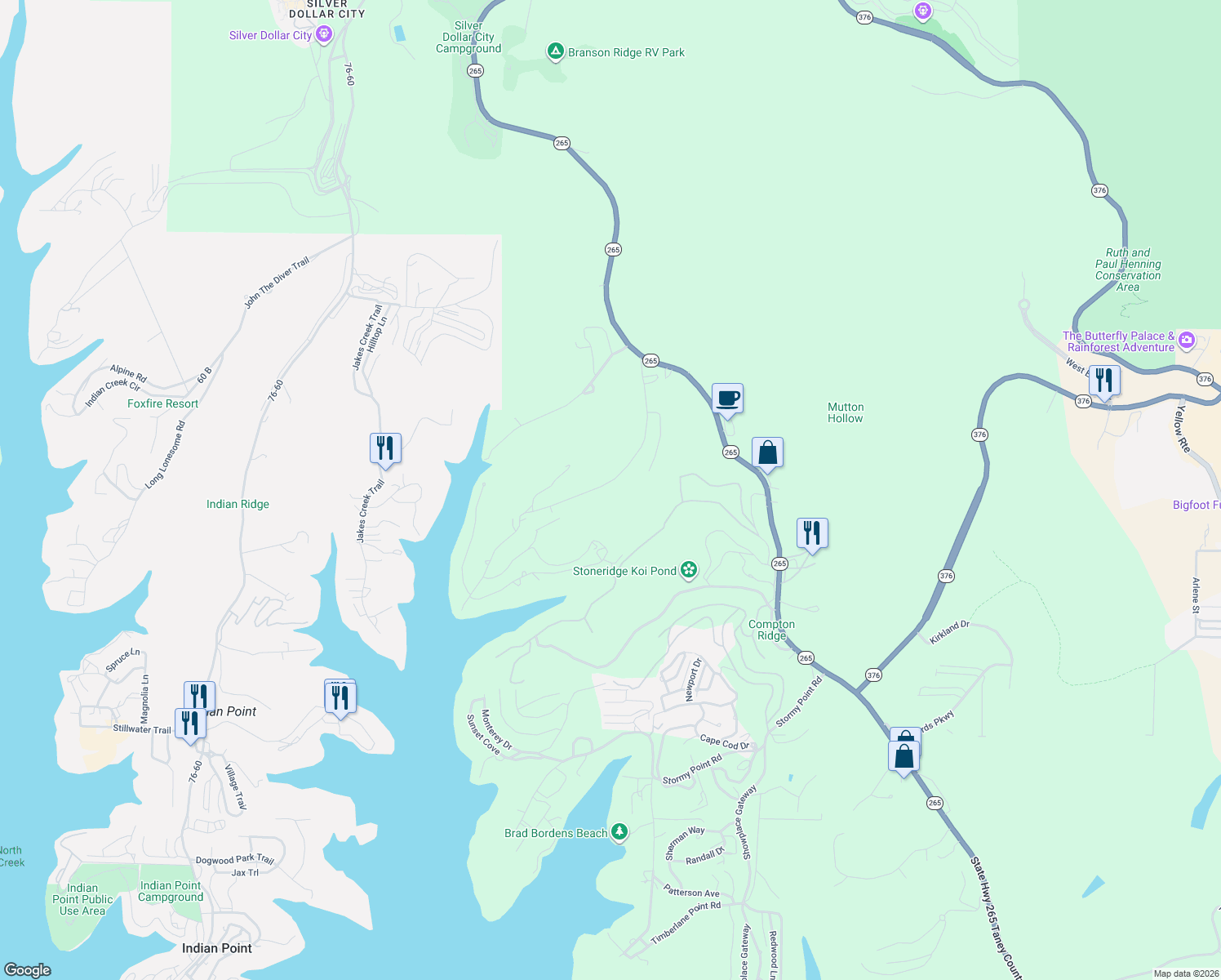 map of restaurants, bars, coffee shops, grocery stores, and more near 396 Compton Ridge Road in Branson