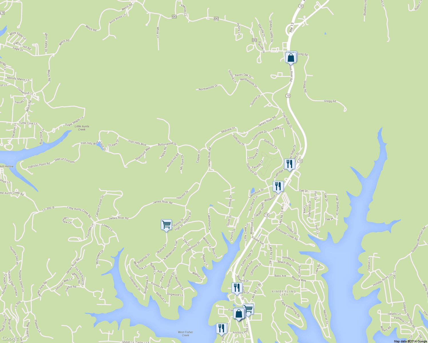 map of restaurants, bars, coffee shops, grocery stores, and more near 16 Hilltop Drive in Kimberling City