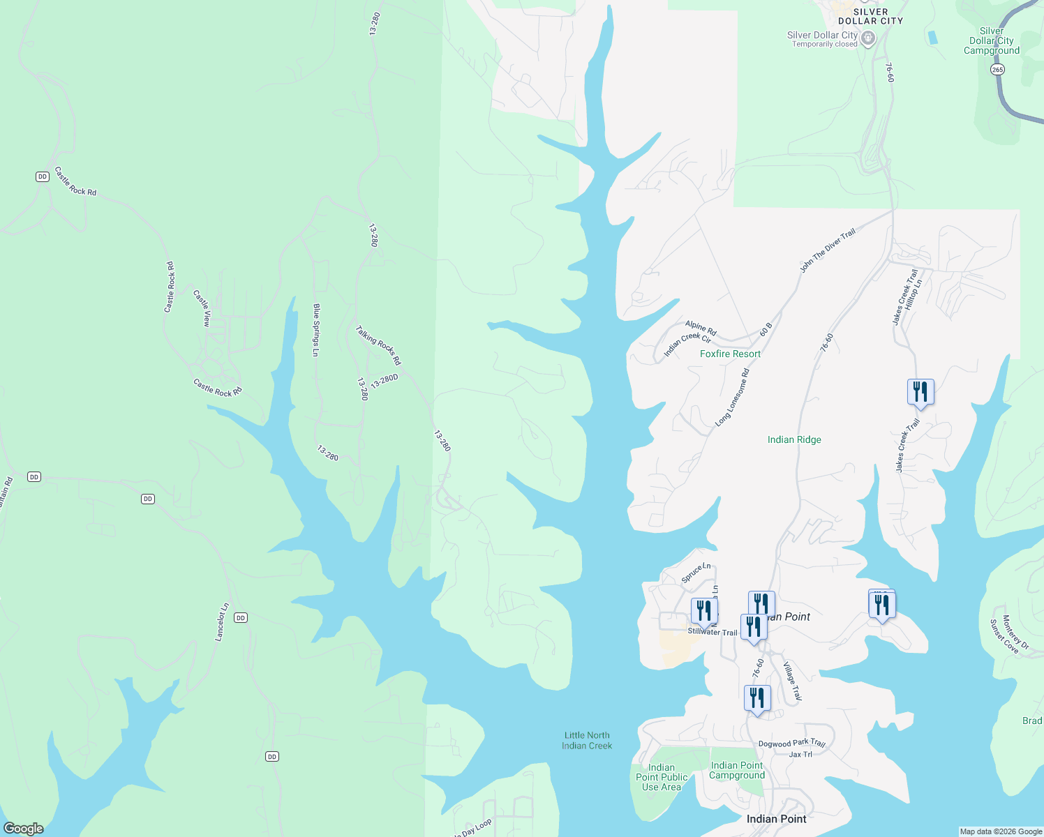 map of restaurants, bars, coffee shops, grocery stores, and more near 400 Waterfield Drive in Reeds Spring