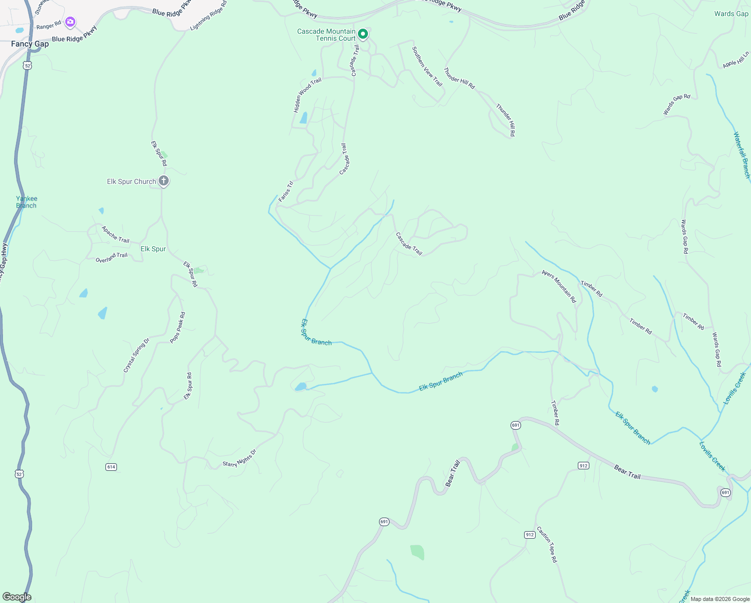 map of restaurants, bars, coffee shops, grocery stores, and more near Ayers Trail in Fancy Gap