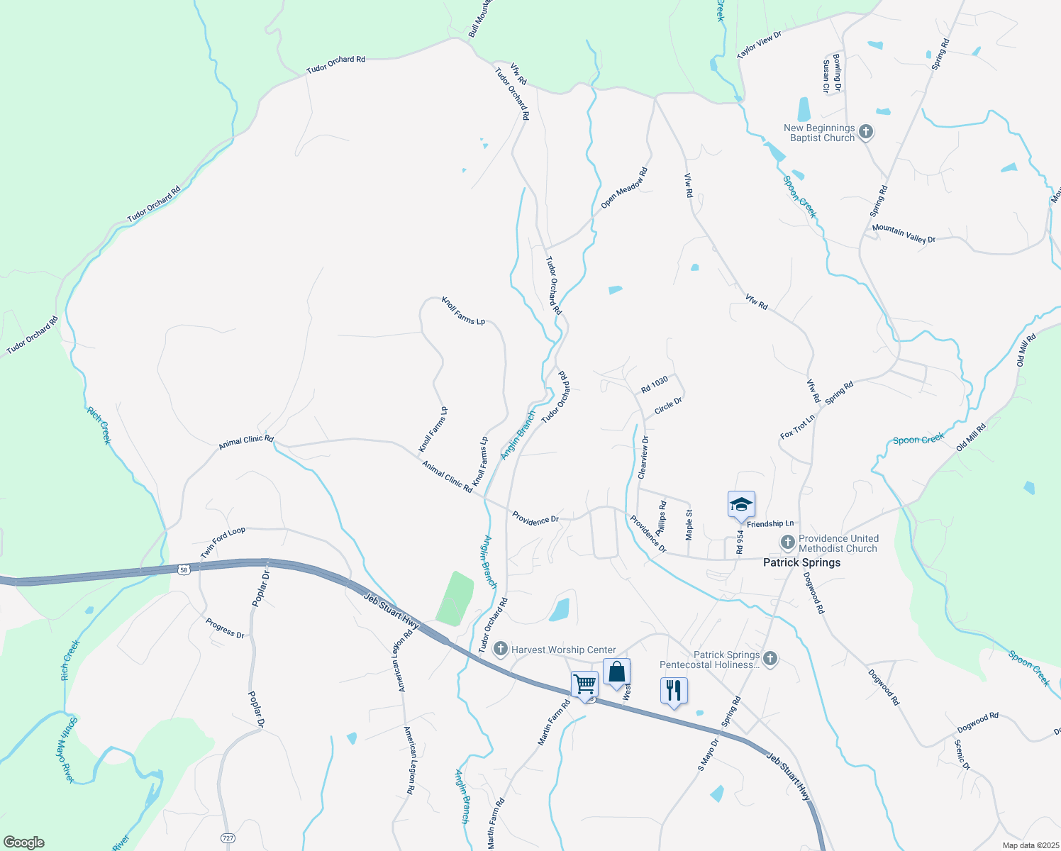 map of restaurants, bars, coffee shops, grocery stores, and more near 205 Providence Drive in Patrick Springs