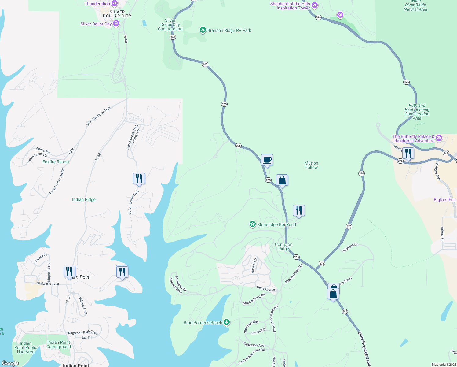 map of restaurants, bars, coffee shops, grocery stores, and more near 141-347 Compton Ridge Road in Branson