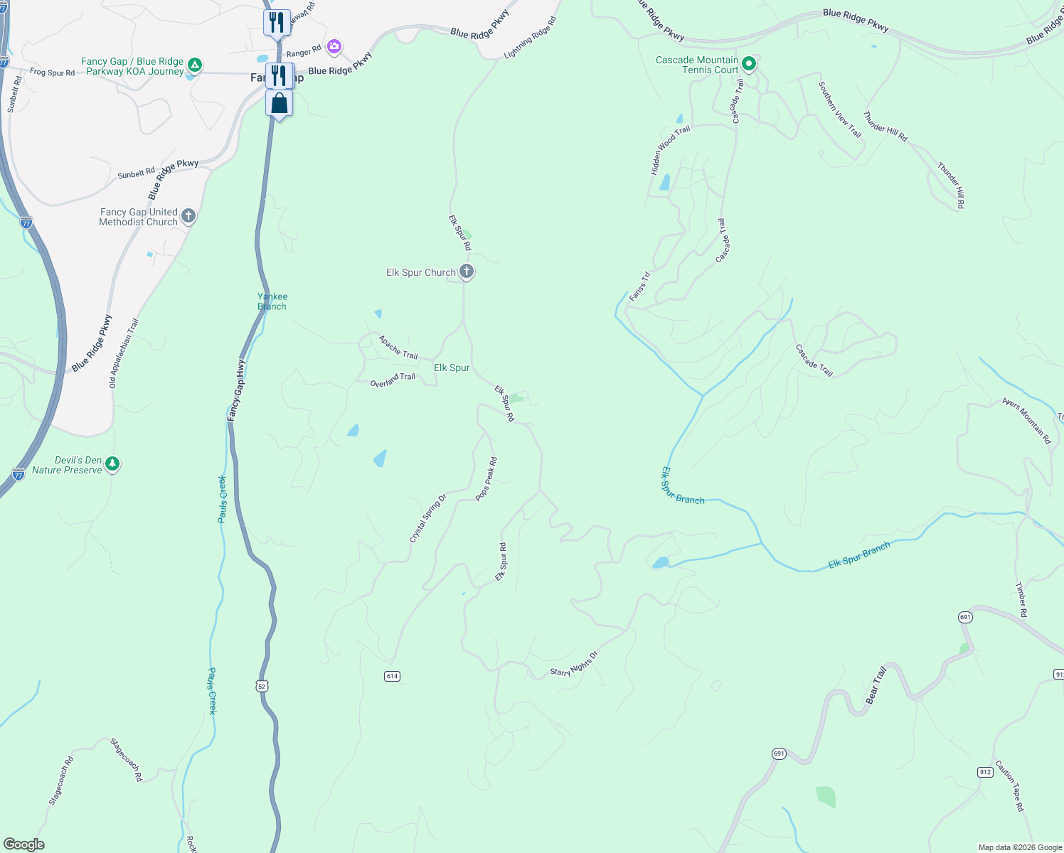 map of restaurants, bars, coffee shops, grocery stores, and more near State Road 614 in Fancy Gap