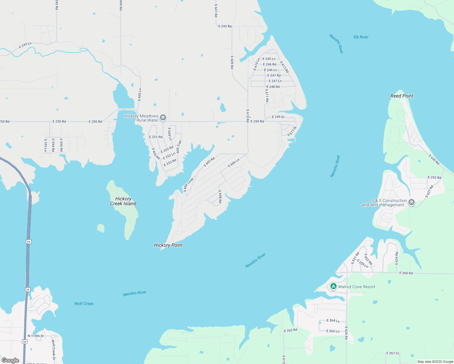 map of restaurants, bars, coffee shops, grocery stores, and more near 60854 East 254 Road in Grove