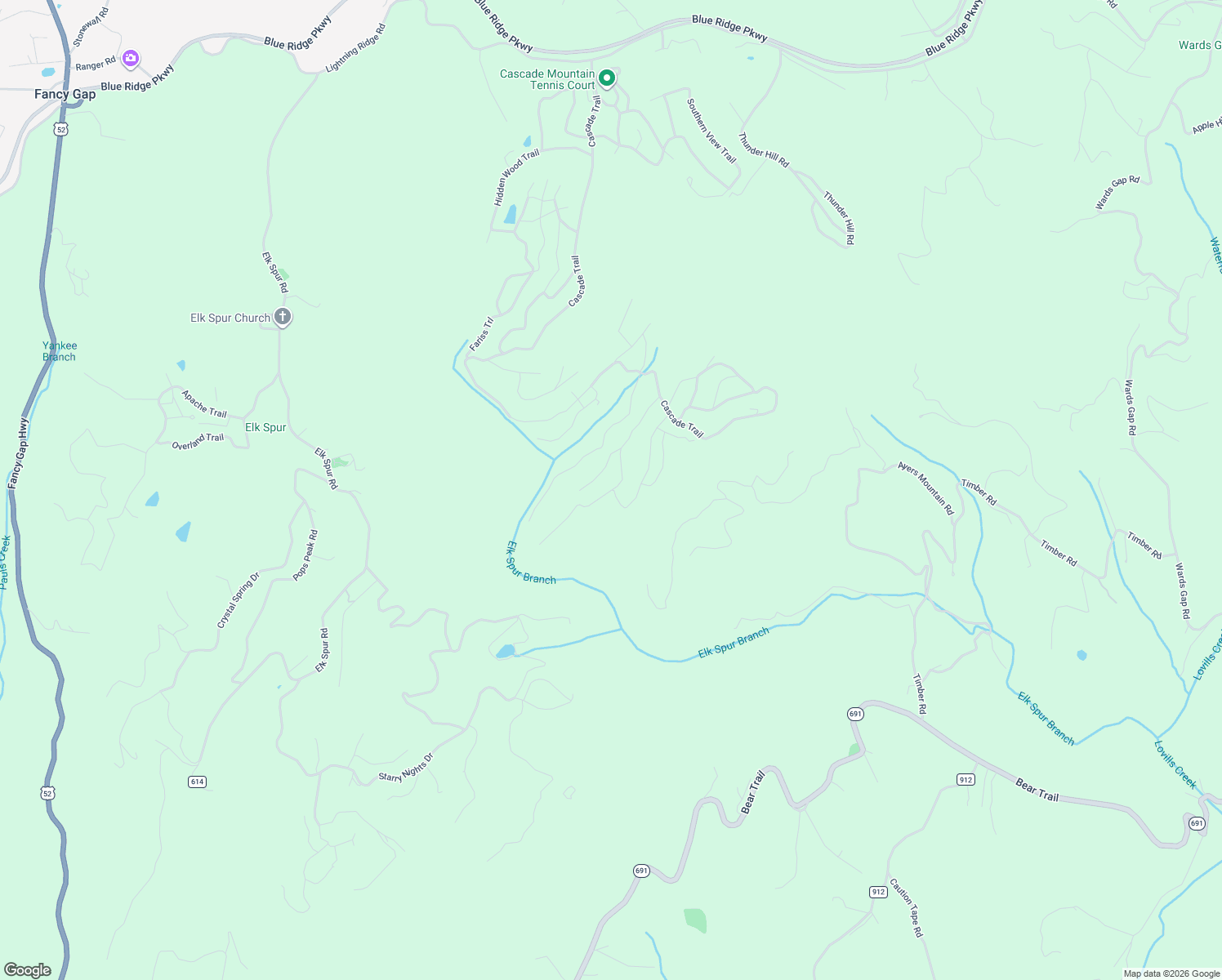 map of restaurants, bars, coffee shops, grocery stores, and more near Flint Ridge Trail in Fancy Gap