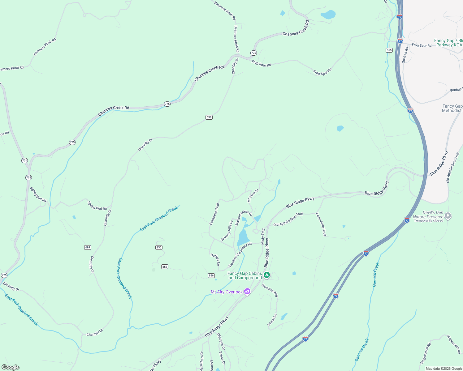 map of restaurants, bars, coffee shops, grocery stores, and more near Boulder Way in Fancy Gap
