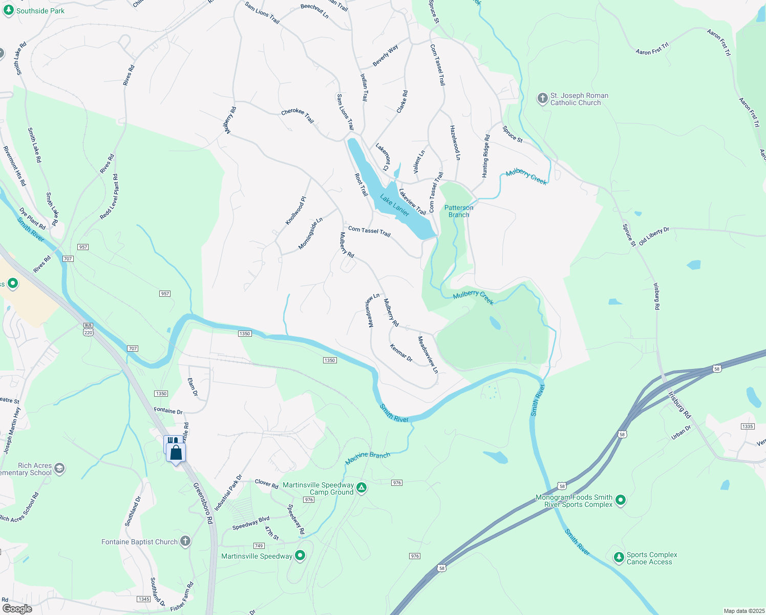 map of restaurants, bars, coffee shops, grocery stores, and more near 1604 Mulberry Road in Martinsville