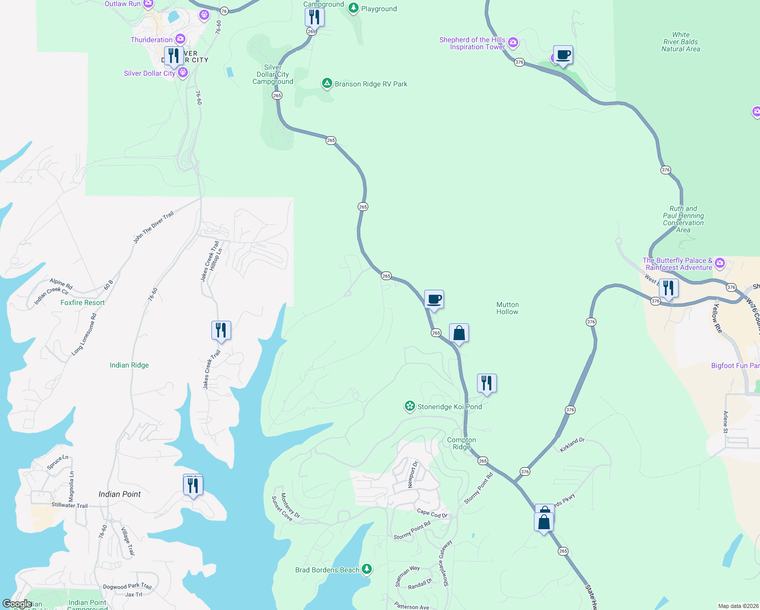 map of restaurants, bars, coffee shops, grocery stores, and more near 141 Compton Ridge Road in Branson