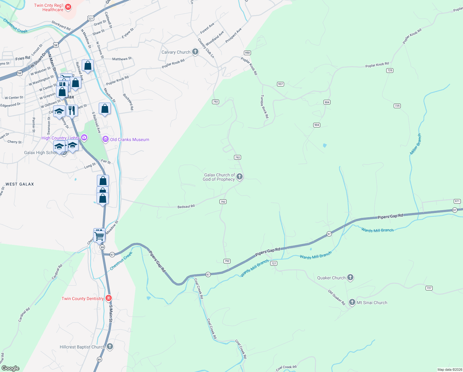 map of restaurants, bars, coffee shops, grocery stores, and more near 81-99 Oak Cluster Lane in Galax