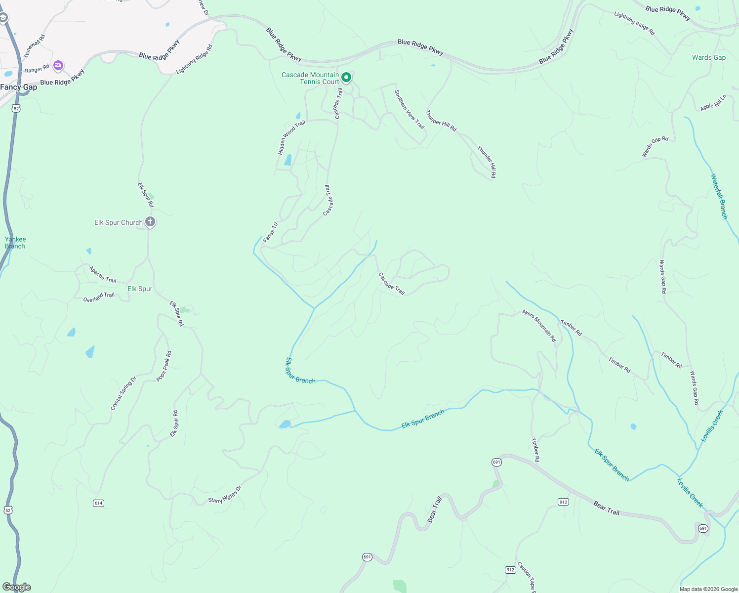 map of restaurants, bars, coffee shops, grocery stores, and more near Flint Ridge Trail in Fancy Gap