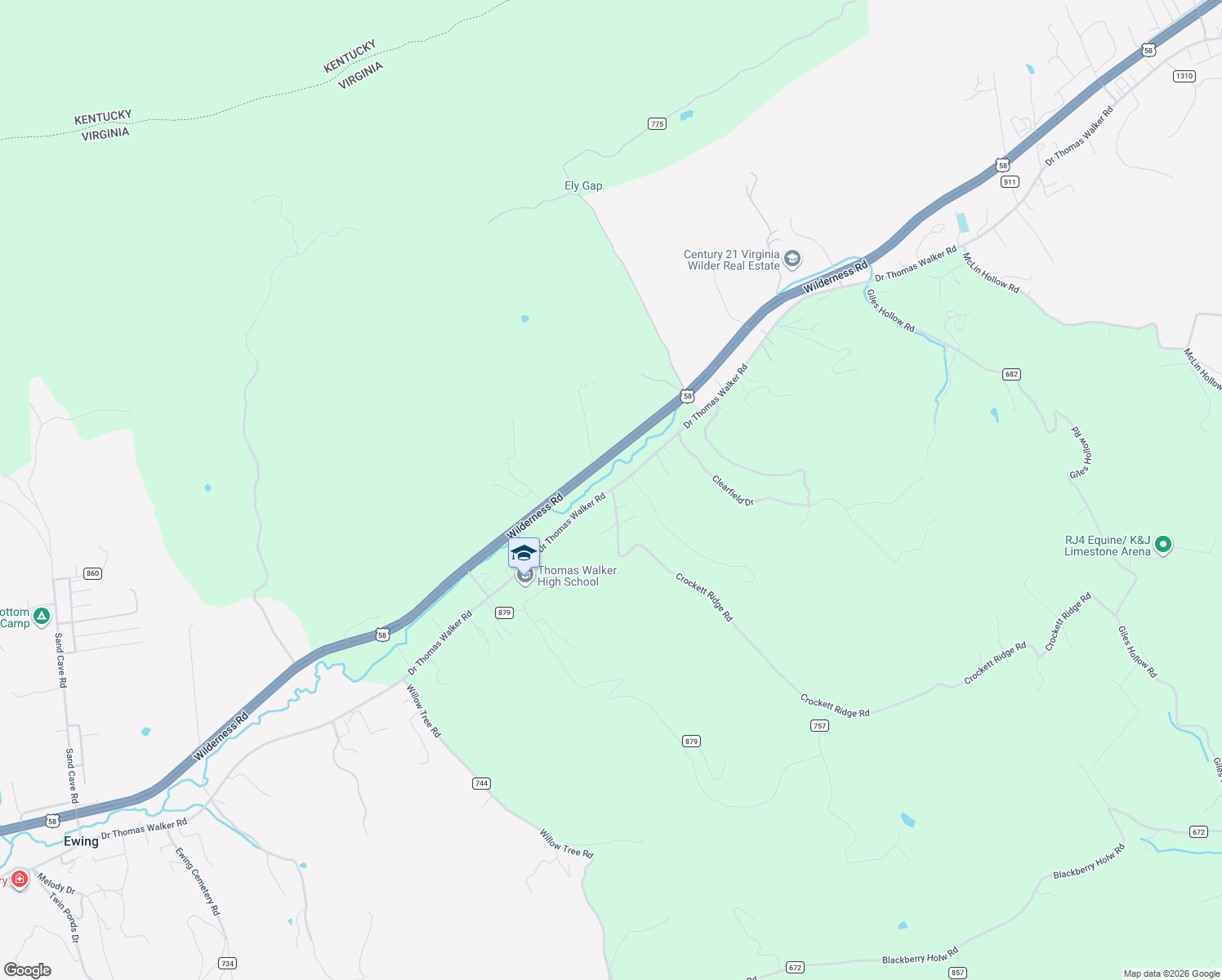 map of restaurants, bars, coffee shops, grocery stores, and more near Dr Thomas Walker Road in Rose Hill