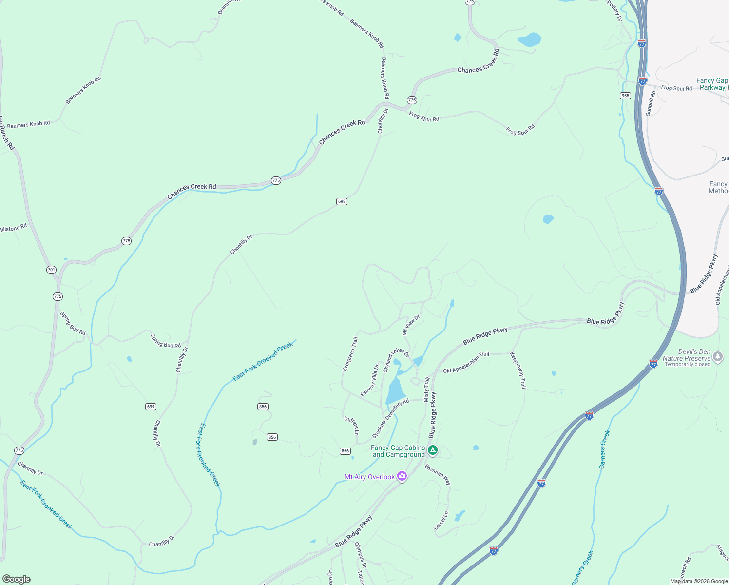 map of restaurants, bars, coffee shops, grocery stores, and more near Boulder Way in Fancy Gap