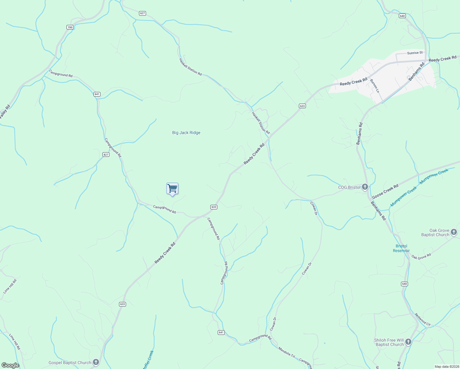 map of restaurants, bars, coffee shops, grocery stores, and more near 8512 Reedy Creek Road in Bristol