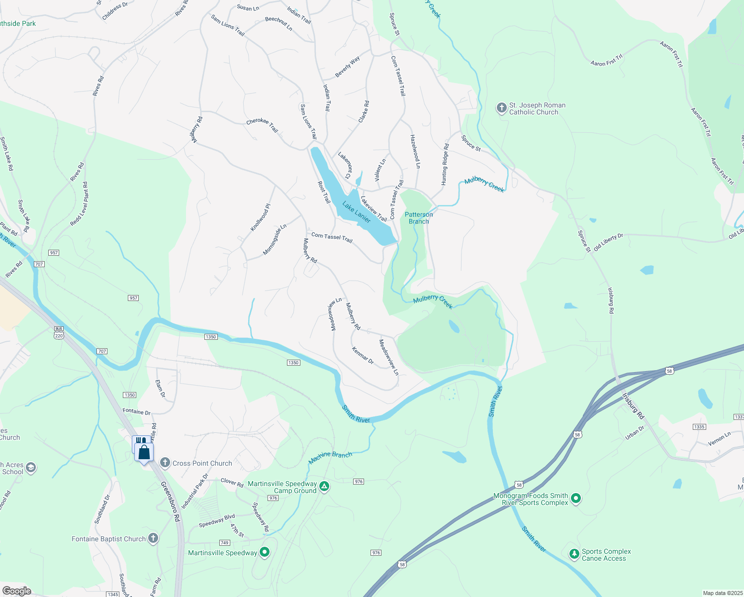 map of restaurants, bars, coffee shops, grocery stores, and more near 199 Mulberry Ct in Martinsville