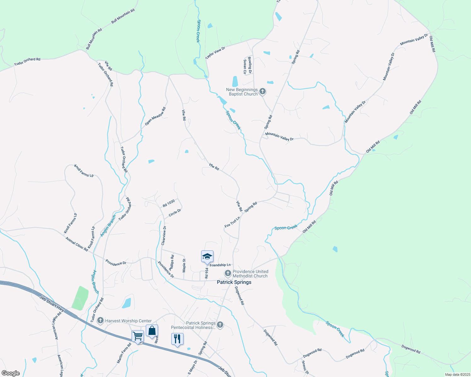 map of restaurants, bars, coffee shops, grocery stores, and more near 203 Vfw Road in Patrick Springs