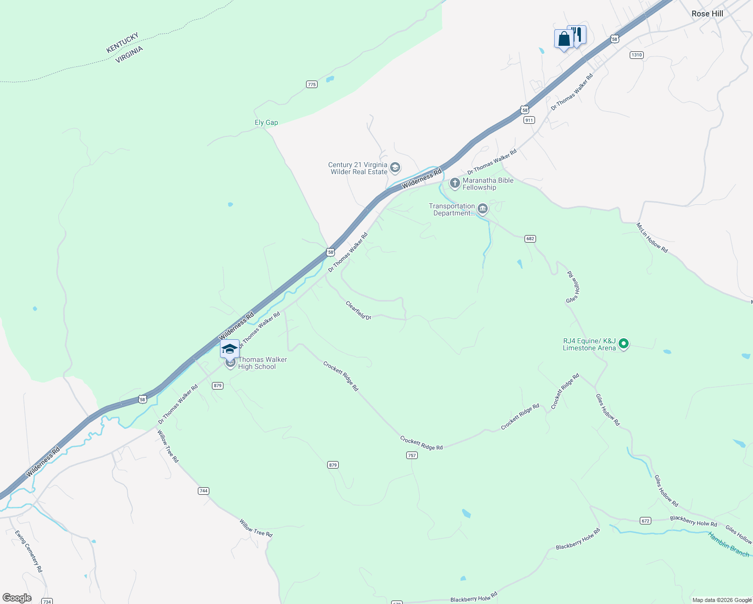 map of restaurants, bars, coffee shops, grocery stores, and more near 3874 Doctor Thomas Walker Road in Rose Hill