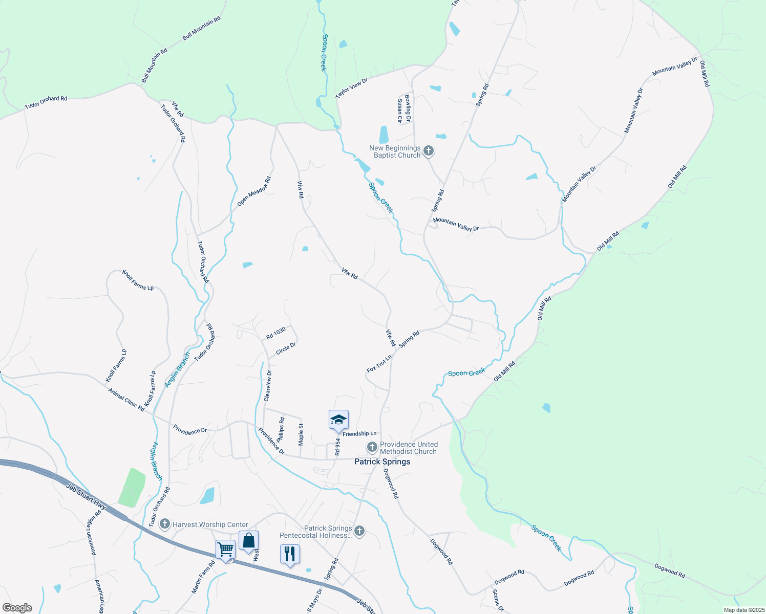map of restaurants, bars, coffee shops, grocery stores, and more near 203 Vfw Road in Patrick Springs