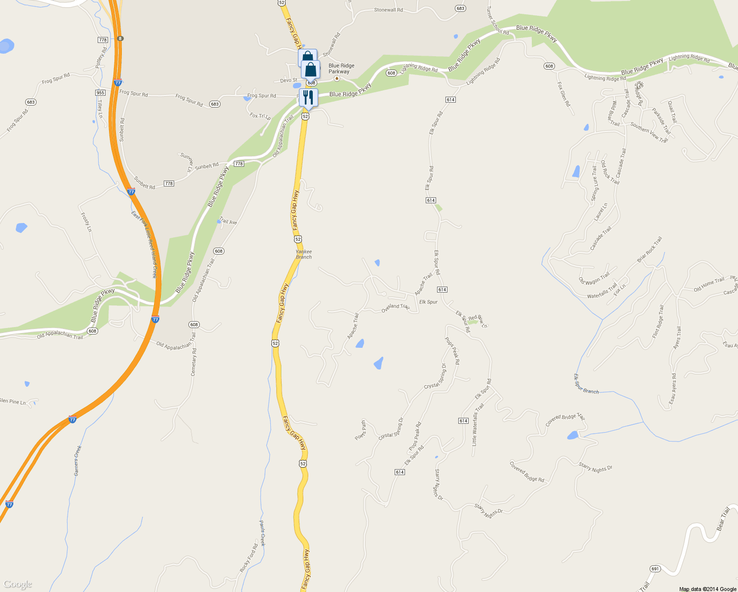 map of restaurants, bars, coffee shops, grocery stores, and more near 63 Overlook Trail in Fancy Gap